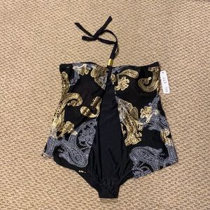 SILOETT (24W)Swimsuit Black Gold Paisley Halter Hardware Accent NWT Slimming